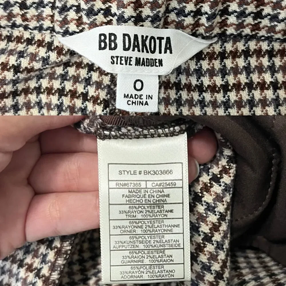 BB Dakota Womens Size 0 Brown Houndstooth Straight Leg Cropped Trouser Pant